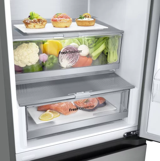 Холодильник LG з нижн. мороз., 203x60х68, холод.відд.-277л, мороз.відд.-107л, 2дв., А++, NF, інв., диспл зовн., Fresh Сonverter, Metal Fresh, сріблястий