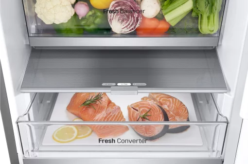 Холодильник LG з нижн. мороз., 203x60х68, холод.відд.-277л, мороз.відд.-107л, 2дв., А++, NF, інв., диспл зовн., Fresh Сonverter, Metal Fresh, сріблястий