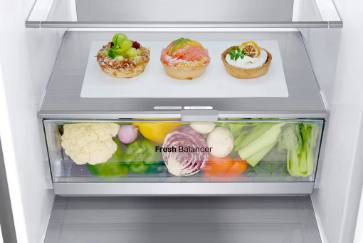 Холодильник LG з нижн. мороз., 203x60х68, холод.відд.-277л, мороз.відд.-107л, 2дв., А++, NF, інв., диспл зовн., Fresh Сonverter, Metal Fresh, сріблястий