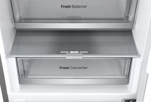 Холодильник LG з нижн. мороз., 203x60х68, холод.відд.-277л, мороз.відд.-107л, 2дв., А++, NF, інв., диспл зовн., Fresh Сonverter, Metal Fresh, сріблястий