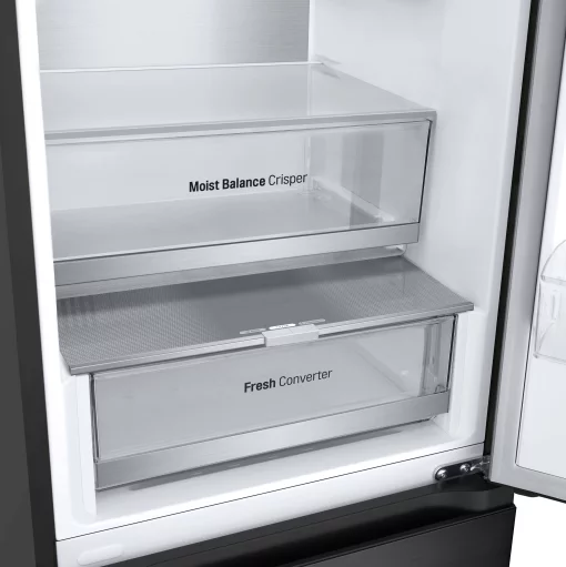 Холодильник LG з нижн. мороз., 203x60х68, холод.відд.-277л, мороз.відд.-107л, 2дв., А++, NF, інв., диспл внутр., Fresh Сonverter, Metal Fresh, чорний