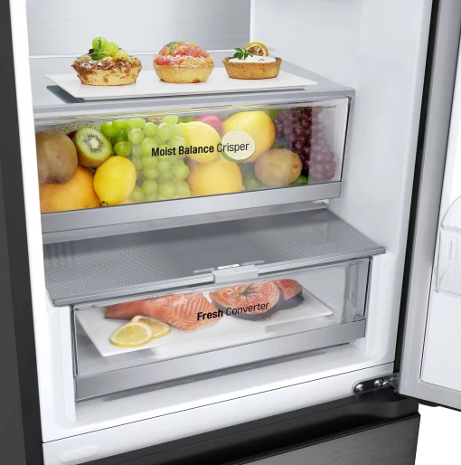 Холодильник LG з нижн. мороз., 203x60х68, холод.відд.-277л, мороз.відд.-107л, 2дв., А++, NF, інв., диспл внутр., Fresh Сonverter, Metal Fresh, чорний