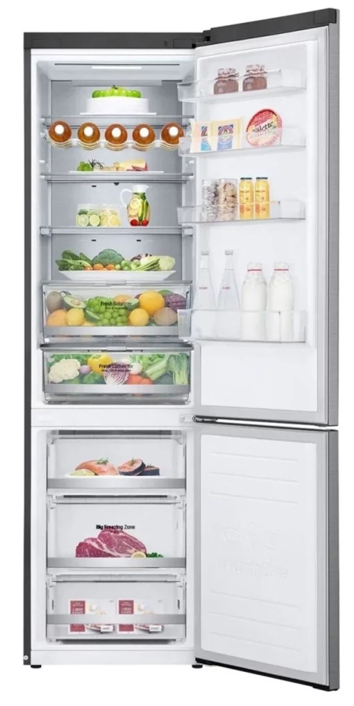 Холодильник LG з нижн. мороз., 203x60х68, холод.відд.-277л, мороз.відд.-107л, 2дв., А++, NF, інв., диспл зовн., Fresh Сonverter, Metal Fresh, сріблястий