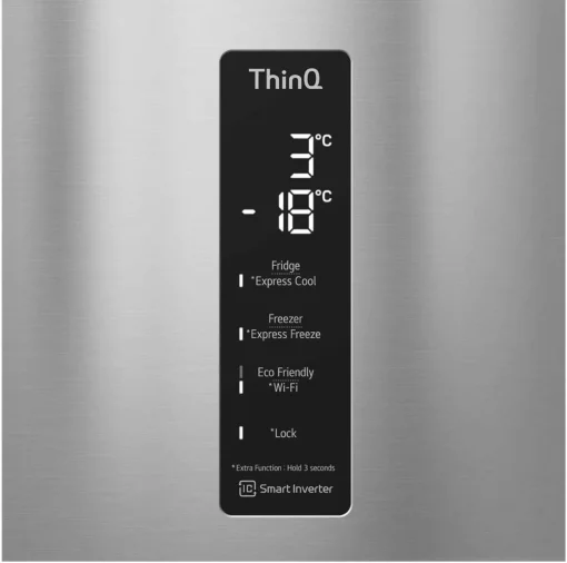 Холодильник LG з нижн. мороз., 203x60х68, холод.відд.-277л, мороз.відд.-107л, 2дв., А++, NF, інв., диспл зовн., Fresh Сonverter, Metal Fresh, сріблястий