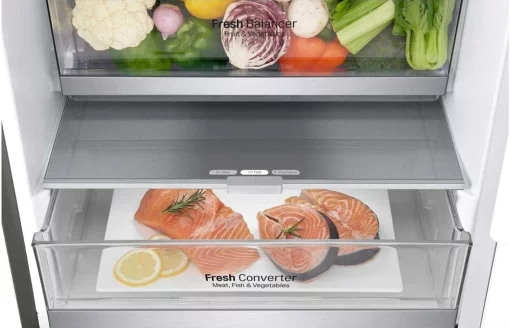 Холодильник LG з нижн. мороз., 203x60х68, холод.відд.-277л, мороз.відд.-107л, 2дв., А++, NF, інв., диспл зовн., Fresh Сonverter, Metal Fresh, сріблястий