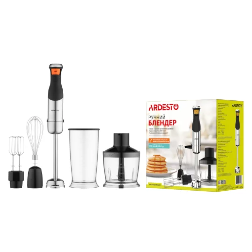 Блендер Ardesto занурювальний HBG-800DWHCHC, 800Вт, 4в1, чаша-600мл, чопер 500мл, чорно-сріблястий