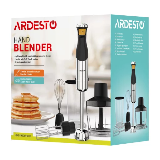 Блендер Ardesto занурювальний HBG-800DWHCHC, 800Вт, 4в1, чаша-600мл, чопер 500мл, чорно-сріблястий