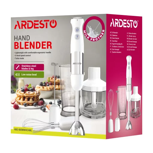 Блендер Ardesto занурювальний HBG-800WWHCHML, 800Вт, 4в1, чаша-600мл, чопер 500мл, біло-сріблястий