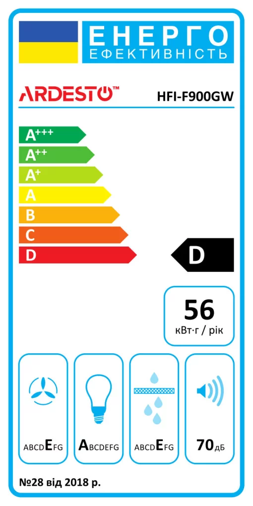Витяжка Ardesto вбудована, 52см, 700м3ч, скло, 2х1Вт LED, кнопкове, білий