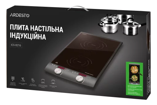 Плитка настільна Ardesto індукційна, конфорок - 2 на 1.3кВт + 1.6кВт вертик., керування - сенсорне, таймер, чорний