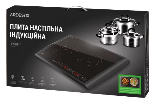 Плитка настільна Ardesto індукційна, конфорок - 2 на 1.3кВт + 1.6кВт горизонт., керування - сенсорне, таймер, чорний