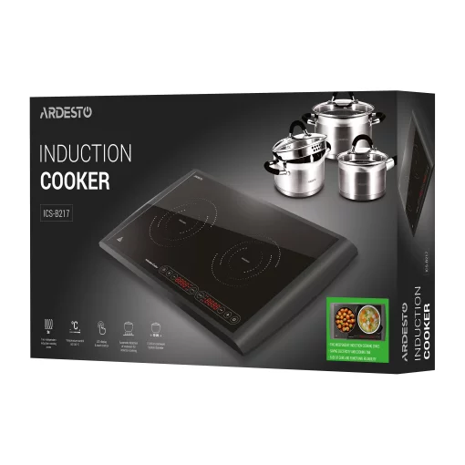 Плитка настільна Ardesto індукційна, конфорок - 2 на 1.3кВт + 1.6кВт горизонт., керування - сенсорне, таймер, чорний