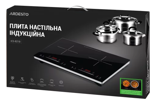 Плитка настільна Ardesto індукційна, конфорок - 2 на 1.3кВт + 1.8кВт горизонт., керування - сенсорне, таймер, boost, чорний