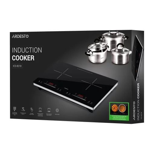 Плитка настільна Ardesto індукційна, конфорок - 2 на 1.3кВт + 1.8кВт горизонт., керування - сенсорне, таймер, boost, чорний