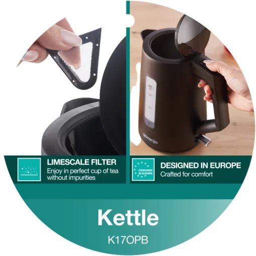 Електрочайник Gorenje 1.7л, Strix контроль, чорний матовий