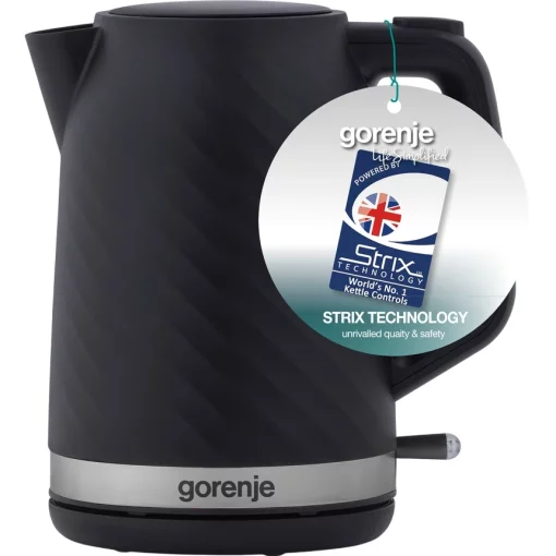 Електрочайник Gorenje 1.7л, Strix контроль, чорний матовий