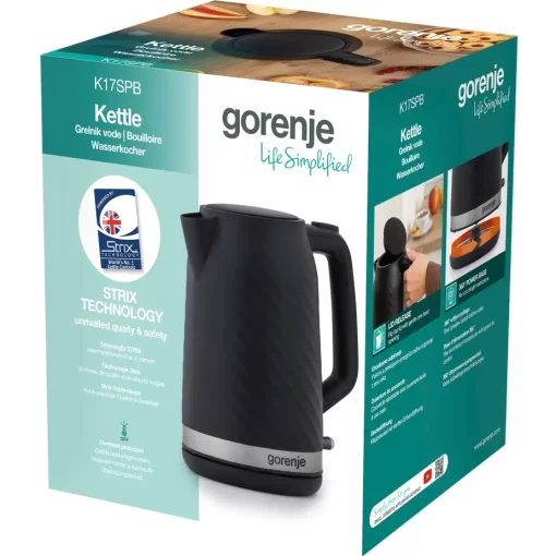 Електрочайник Gorenje 1.7л, Strix контроль, чорний матовий