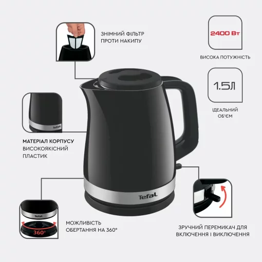 Електрочайник Tefal Delfini 1.5л, пластик, сріблясто-чорний