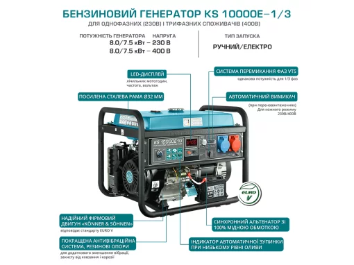 Генератор бензиновий Konner&Sohnen KS 10000E 1/3, 230/400В, 8.0кВт, електростартер, 88кг