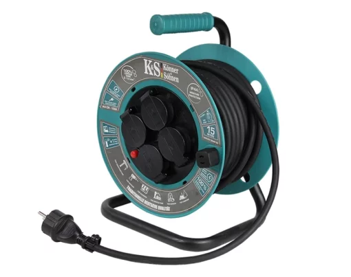 Подовжувач мережевий Konner&Sohnen KS CR-15M, 3000Вт, 4х16А/230В, 3х1.5мм, IP44, 3.2кг, на котушці, 15м, чорний
