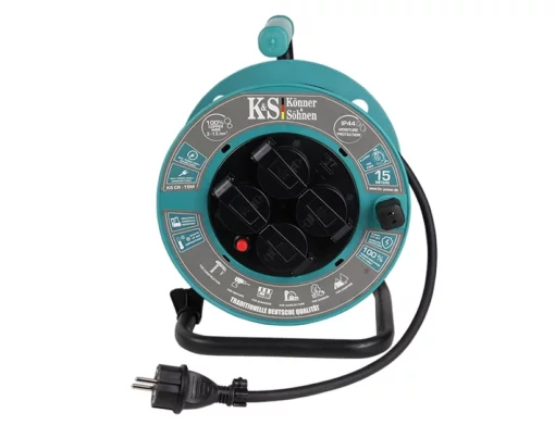 Подовжувач мережевий Konner&Sohnen KS CR-15M, 3000Вт, 4х16А/230В, 3х1.5мм, IP44, 3.2кг, на котушці, 15м, чорний