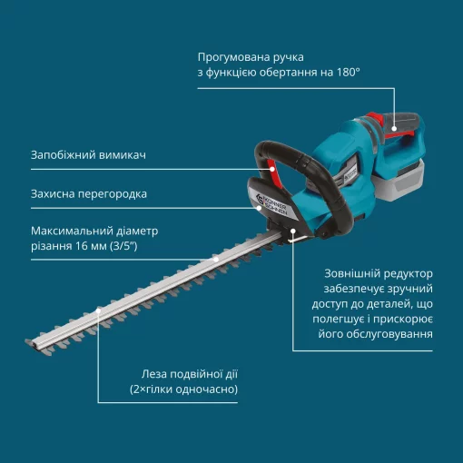 Кущоріз акумуляторний Konner&Sohnen KS HT-20V 20В акб 1х2А·год 55см крок різу 16мм 2.5кг