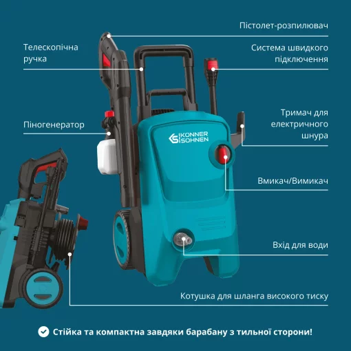 Мийка високого тиску Konner&Sohnen KS PW145V 1800Вт 100-145бар 330л/год шланг 7м 9.2кг