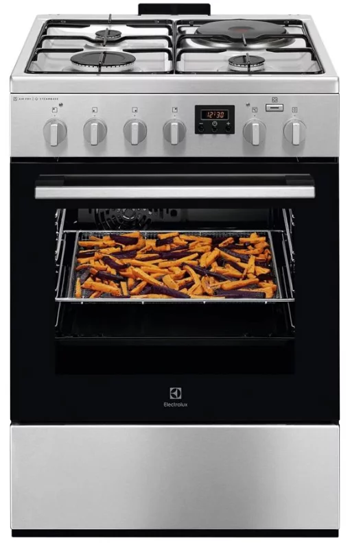 Плита Electrolux комбінована 3 газ + 1 електро, 58л, 60x60см, дисплей, конвекція, пара, нерж
