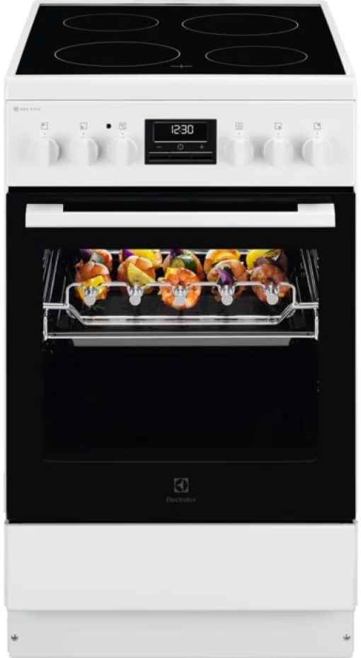 Плита Electrolux електрична склокерамічна, 57л, 50x60см, дисплей, конвекція, мангальна підставка, білий