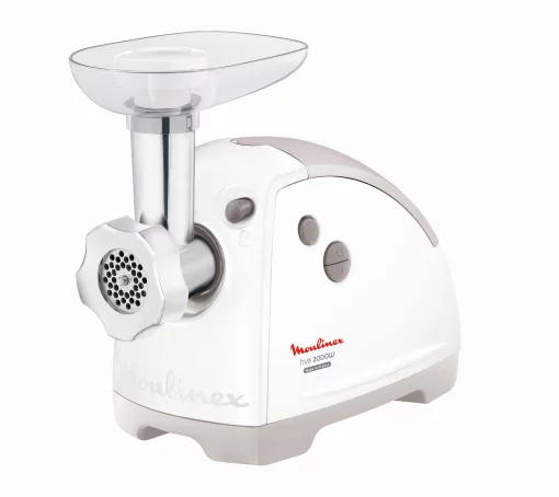 М'ясорубка Moulinex, 2000Вт, 2.6кг/хв, 3 решітки, насадка для ковбас, кеббе, 5 терок, пластик, біло-сірий