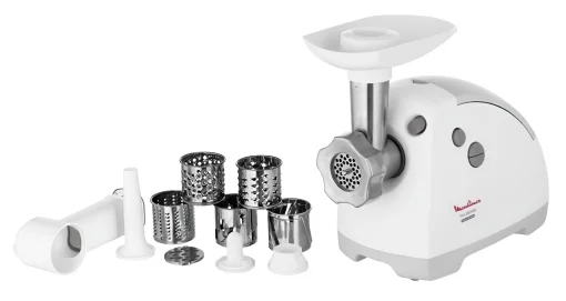М'ясорубка Moulinex, 2000Вт, 2.6кг/хв, 3 решітки, насадка для ковбас, кеббе, 5 терок, пластик, біло-сірий