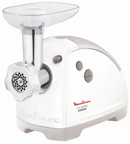 М'ясорубка Moulinex, 2000Вт, 2.6кг/хв, 2 решітки, насадка для ковбас, кеббе, томатів, 5 терок, пластик, біло-сірий
