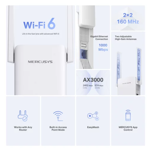 Розширювач покриття WiFi MERCUSYS ME80X AX3000, 1хGE LAN