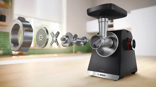 М'ясорубка Bosch, 2100Вт, 3.5кг/хв, 2 решітки, насадка для ковбас, кеббе, соковижималка, пластик, чорний