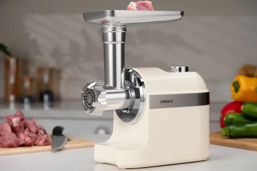 М'ясорубка Ardesto, 1800Вт, 2кг/хв, 3 решітки, насадка для ковбас, кеббе, пластик, бежево-сріблястий