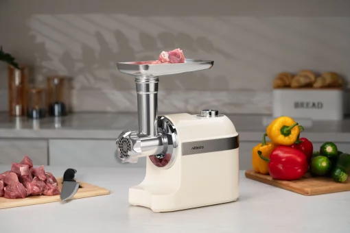М'ясорубка Ardesto, 1800Вт, 2кг/хв, 3 решітки, насадка для ковбас, кеббе, пластик, бежево-сріблястий