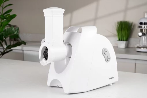 М'ясорубка Ardesto, 1900Вт, 1.8кг/хв, 3 решітки, насадка для ковбас, кеббе, 4 терки, пластик, білий