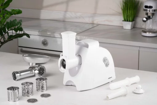 М'ясорубка Ardesto, 1900Вт, 1.8кг/хв, 3 решітки, насадка для ковбас, кеббе, 4 терки, пластик, білий