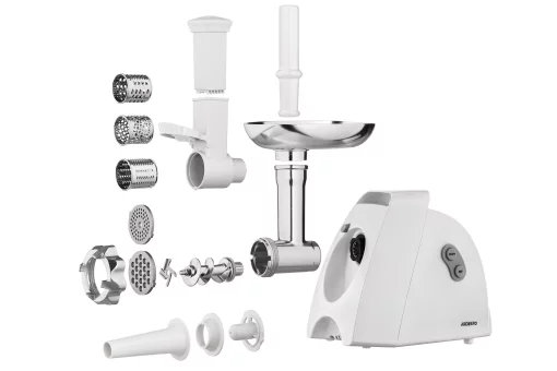 М'ясорубка Ardesto, 1900Вт, 1.8кг/хв, 3 решітки, насадка для ковбас, кеббе, 4 терки, пластик, білий