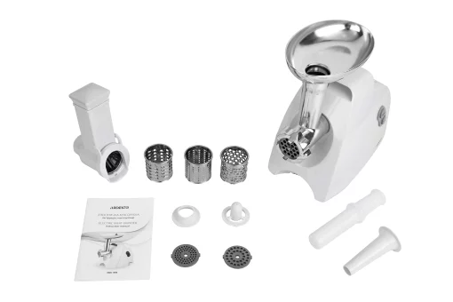 М'ясорубка Ardesto, 1900Вт, 1.8кг/хв, 3 решітки, насадка для ковбас, кеббе, 4 терки, пластик, білий
