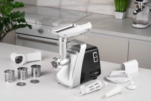 М'ясорубка Ardesto, 2100Вт, 2кг/хв, 3 решітки, насадка для ковбас, кеббе, томатів, 3 терки, бургер-прес, пластик, чорно-срібний