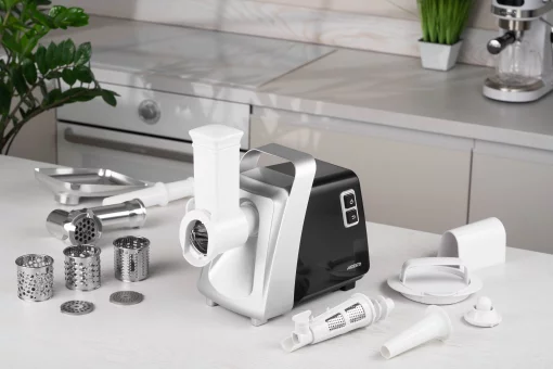 М'ясорубка Ardesto, 2100Вт, 2кг/хв, 3 решітки, насадка для ковбас, кеббе, томатів, 3 терки, бургер-прес, пластик, чорно-срібний