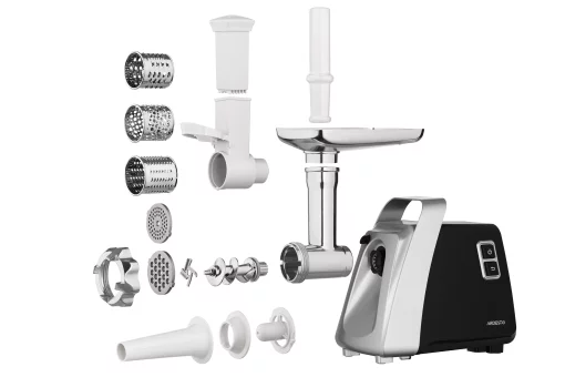 М'ясорубка Ardesto, 2100Вт, 2кг/хв, 3 решітки, насадка для ковбас, кеббе, томатів, 3 терки, бургер-прес, пластик, чорно-срібний