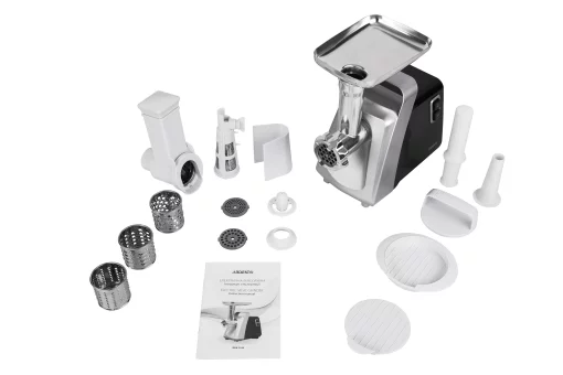 М'ясорубка Ardesto, 2100Вт, 2кг/хв, 3 решітки, насадка для ковбас, кеббе, томатів, 3 терки, бургер-прес, пластик, чорно-срібний