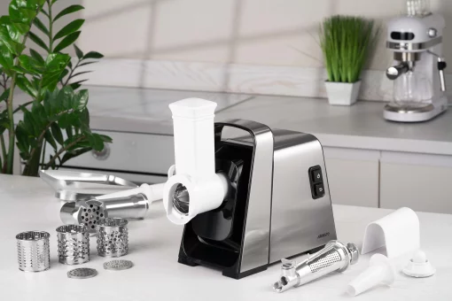 М'ясорубка Ardesto, 2400Вт, 2.2кг/хв, 3 решітки, насадка для ковбас, кеббе, томатів, 4 терки, пластик, чорно-срібний