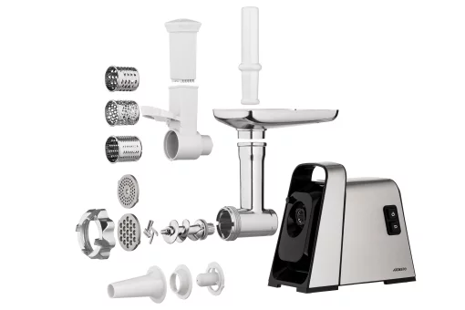 М'ясорубка Ardesto, 2400Вт, 2.2кг/хв, 3 решітки, насадка для ковбас, кеббе, томатів, 4 терки, пластик, чорно-срібний