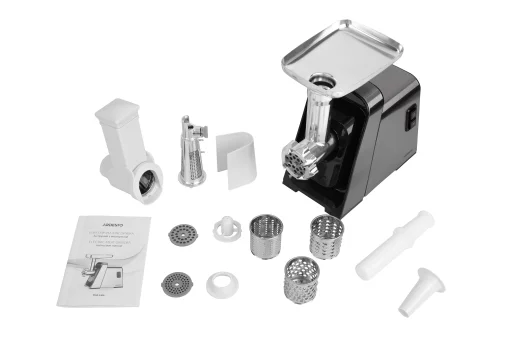 М'ясорубка Ardesto, 2400Вт, 2.2кг/хв, 3 решітки, насадка для ковбас, кеббе, томатів, 4 терки, пластик, чорно-срібний