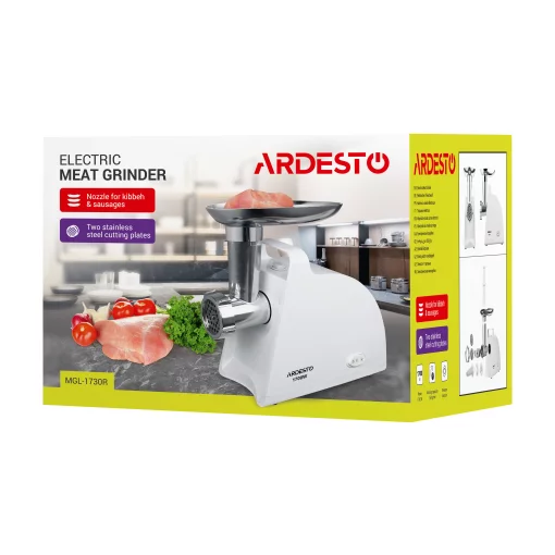 М'ясорубка Ardesto, 1700Вт, 1.6кг/хв, 2 решітки, насадка для ковбас, кеббе, пластик, білий