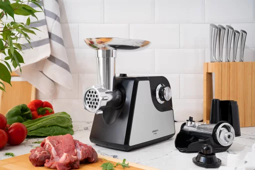 М'ясорубка Ardesto, 1700Вт, 1.6кг/хв, 2 решітки, насадка для ковбас, кеббе, томатів, пластик/метал, чорно-срібний