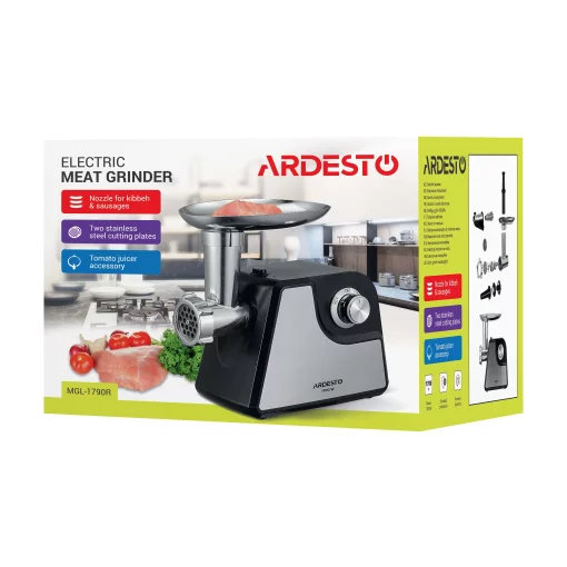 М'ясорубка Ardesto, 1700Вт, 1.6кг/хв, 2 решітки, насадка для ковбас, кеббе, томатів, пластик/метал, чорно-срібний